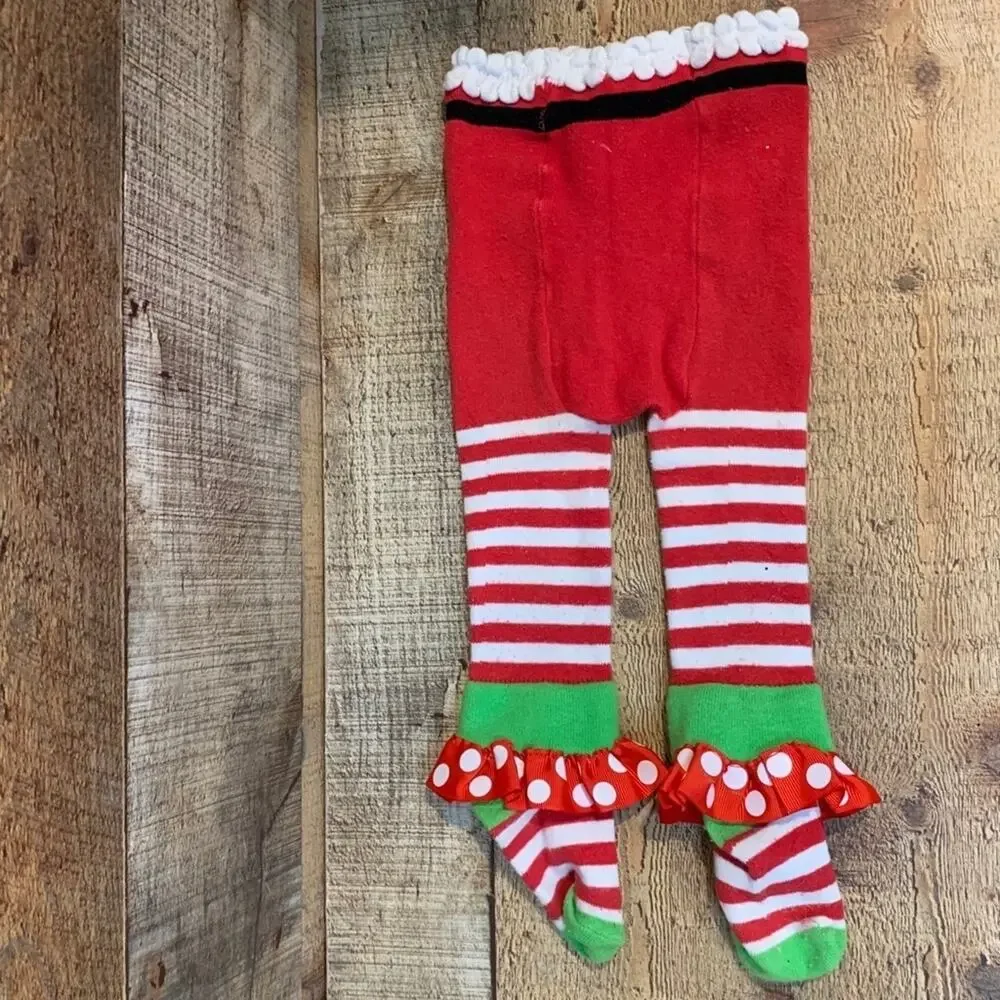 Mud Pie Santa Baby Christmas Red White Striped Ruffle Tights Size 0-6 Months